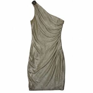 MAGGY LONDON One Shoulder Gold Champagne Shiny Stretch Mini Dress Size 8
